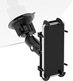 Image of ProductInUse. Suction Mount Shown Installed. Front orientation. Positioning Arms. Mobile Device Positioning Arms, For Smartphones—Suction Mount.